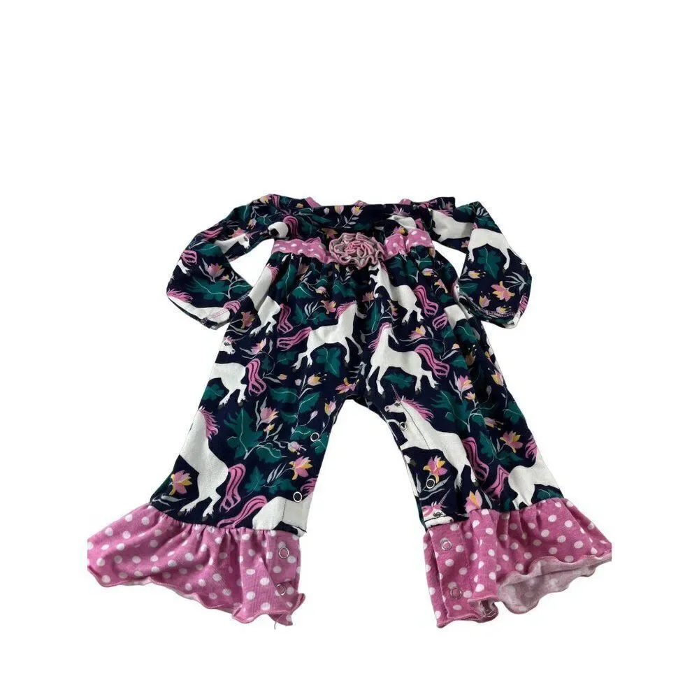 AnnLoren Sara Unicorn Polka Dot Flower One Piece Long Sleeve Romper 18-24 Months